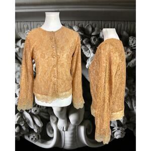 Vintage 60s PS Boutique Park Storyk Gold Lace Tan Cashmere Cardigan Sweater Sz M
